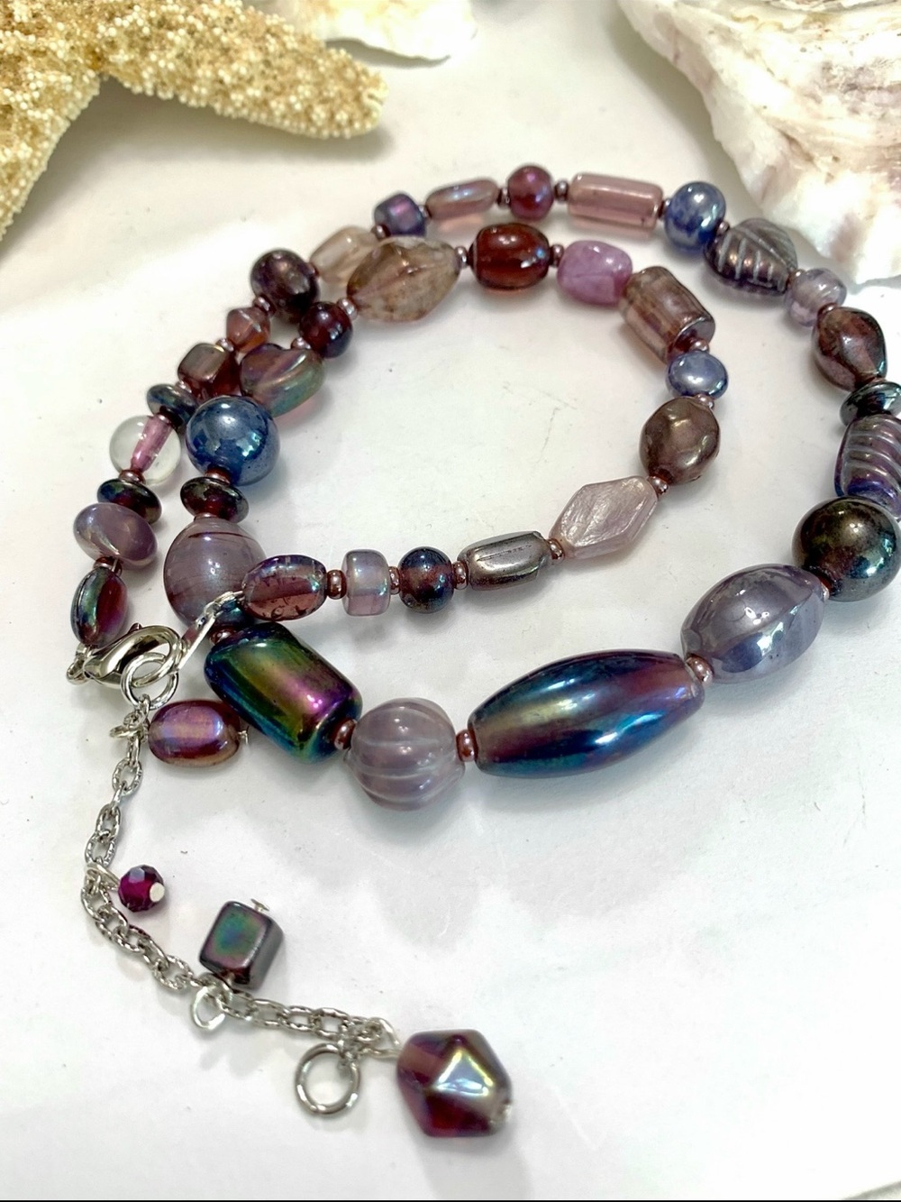 Iridescent Purple Glass Beaded Necklace with Adjustable Silver Chain